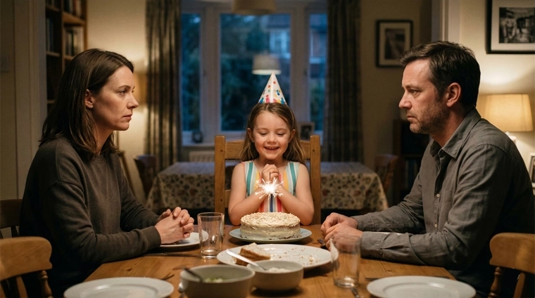 A couple sitting at a dining table with their daughter at her birthday party, wondering if the spark in their relationship has gone