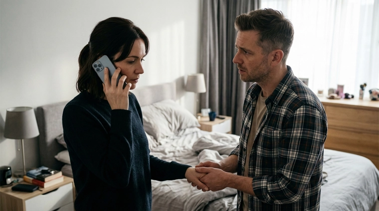 A concerned husband holds his wife's hand tentatively in their bedroom while she talks on her mobile phone with a serious expression