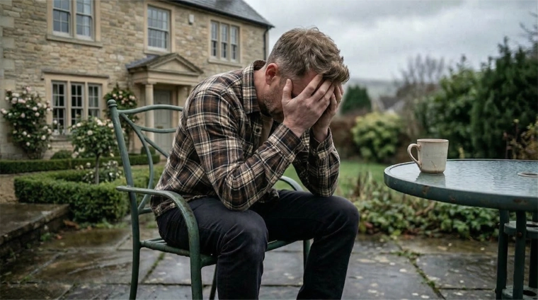 A man looks distressed, sitting apart from his wife, contemplating the signs their marriage is over.