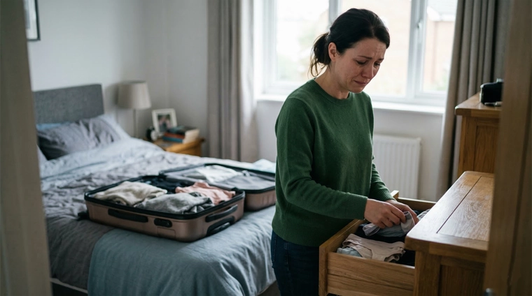 A neglected wife packing a suitcase to leave her home, representing emotional detachment in marriage.